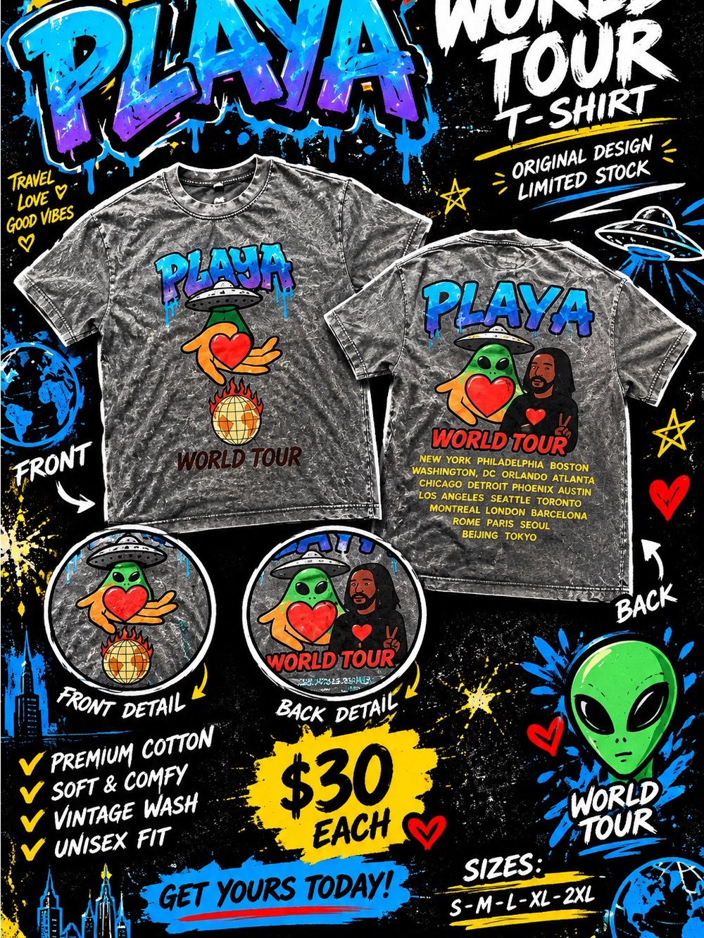 Playa World Tour Graphic Tee - Gray